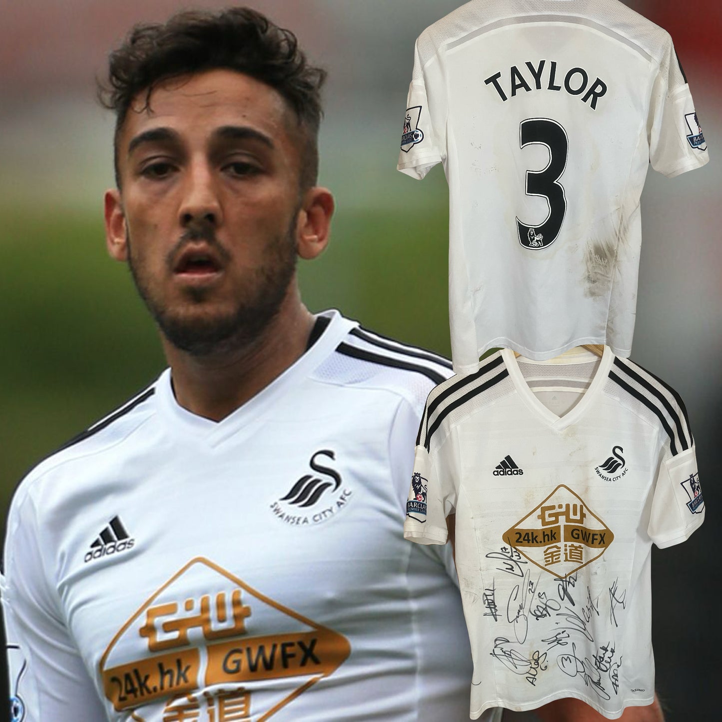 Swansea City 2014/2015 Home Football Shirt Medium - Neil Taylor - Matchworn + Squad Signed